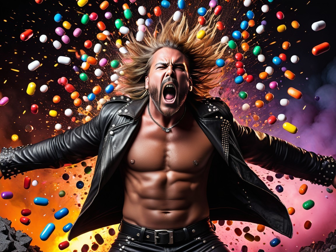 Muscular Performer with Colorful Explosion Background