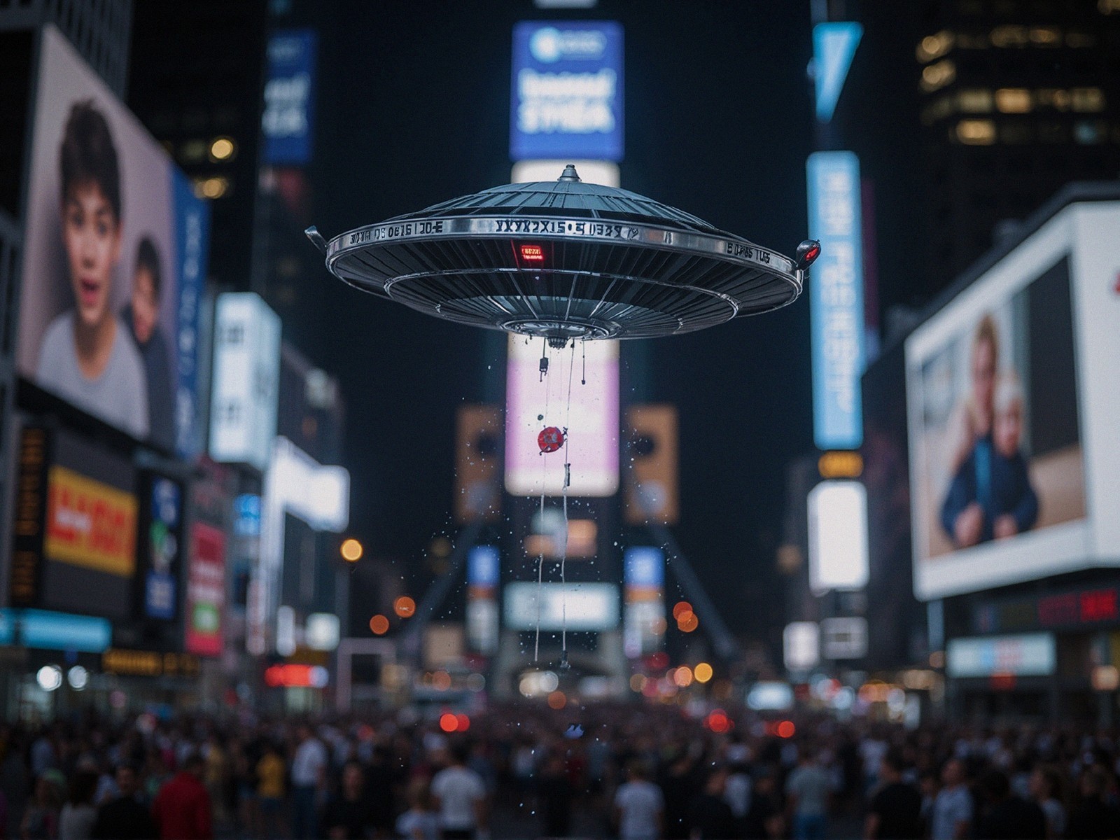 Nighttime Times Square Scene with UFO and Crowd Reaction