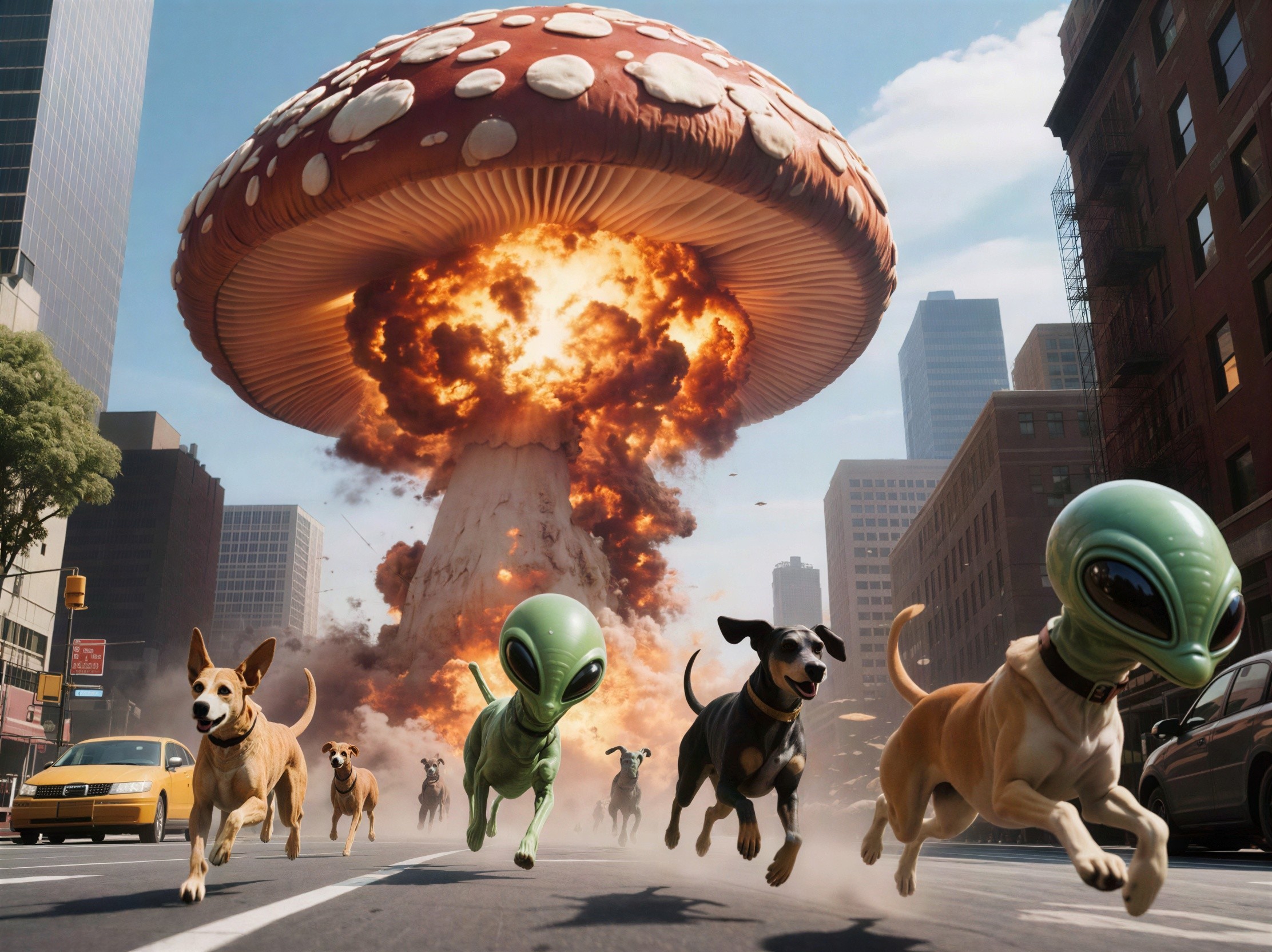 Dogs with alien heads running on urban street scene