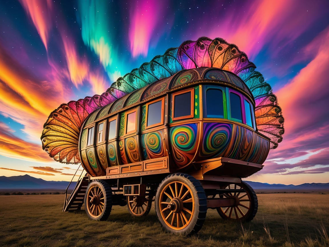 Vibrant Caravan in a Colorful Sunset Landscape
