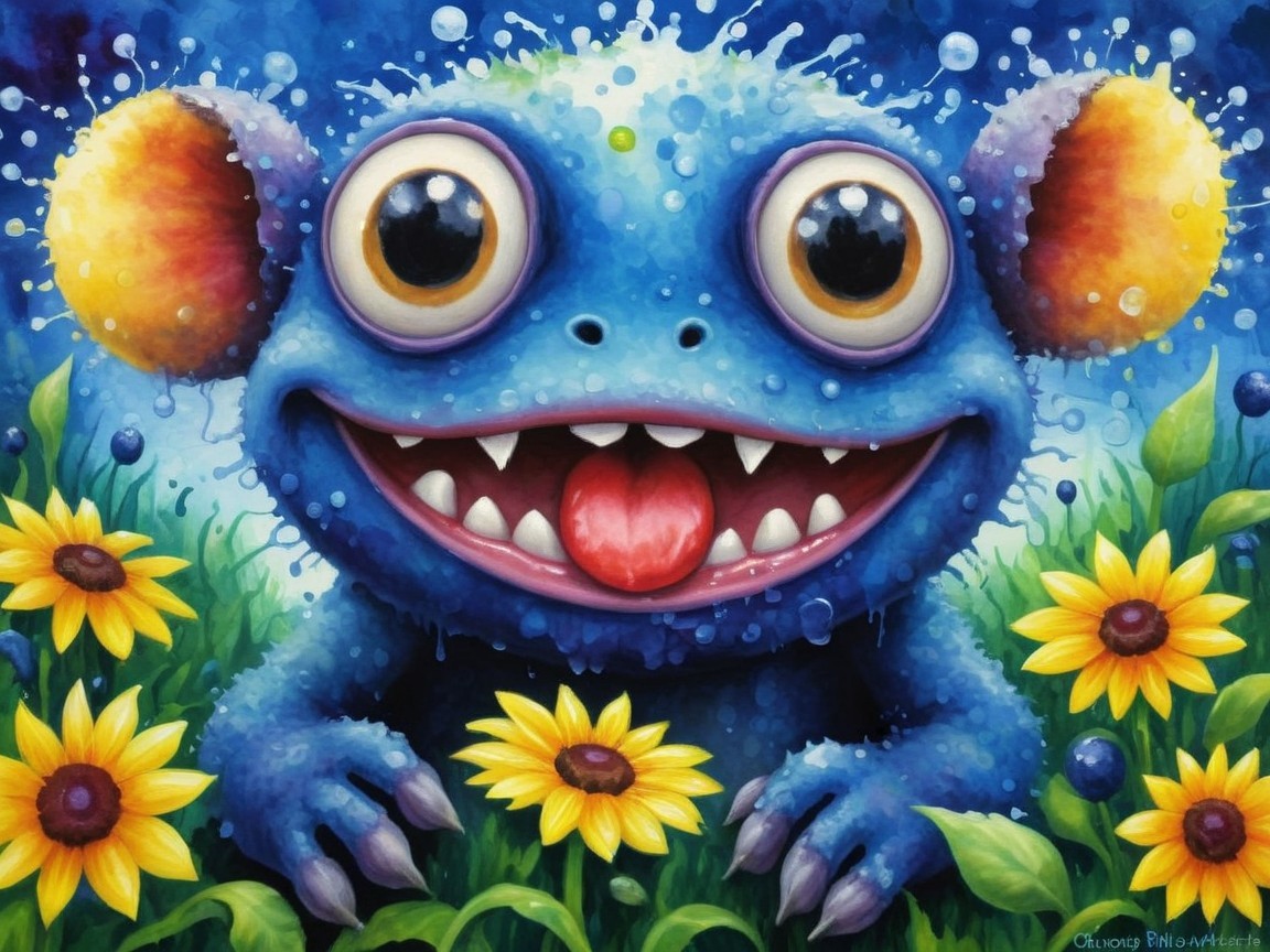 Cartoonish Blue Creature in Lush Green Grass