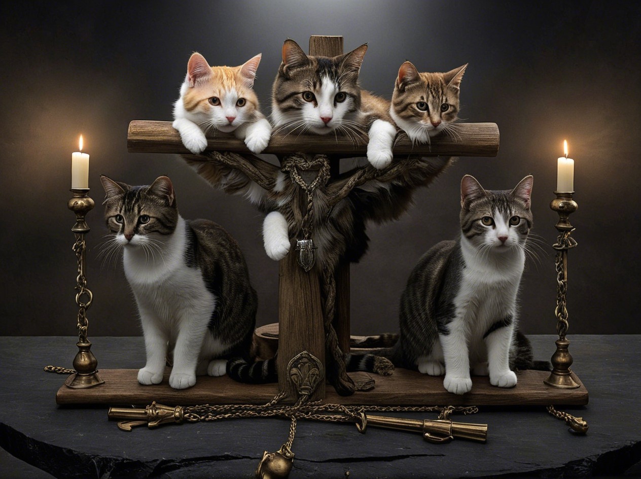 Cats Arranged Around a Wooden Cross with Candles