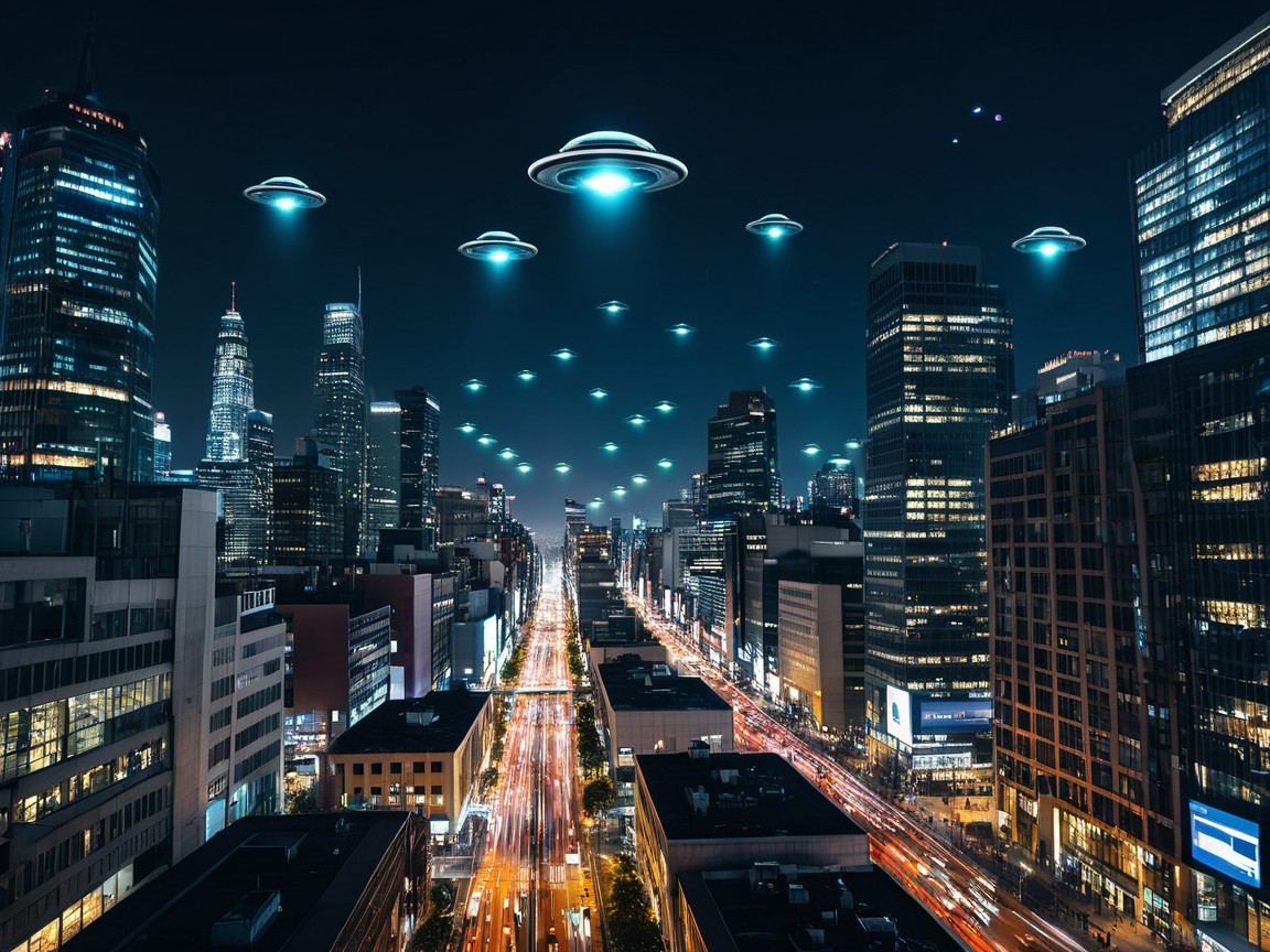 City Skyline at Night with UFOs and Bright Lights