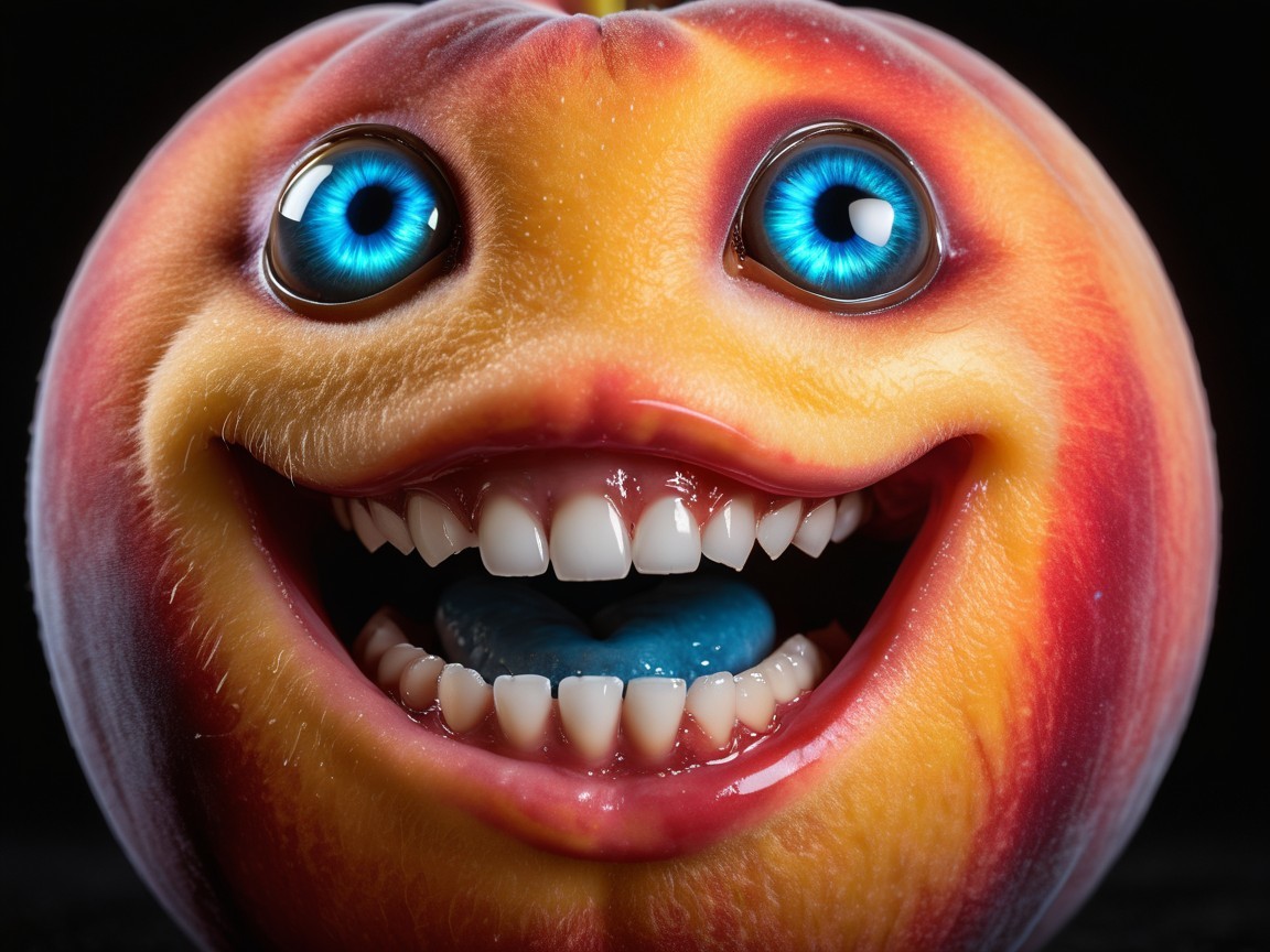 Cheerful Cartoon Peach with Blue Eyes and Grin