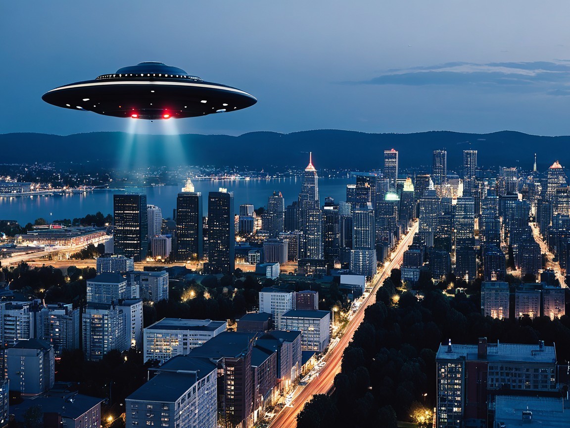 Futuristic cityscape at dusk with UFO and skyline