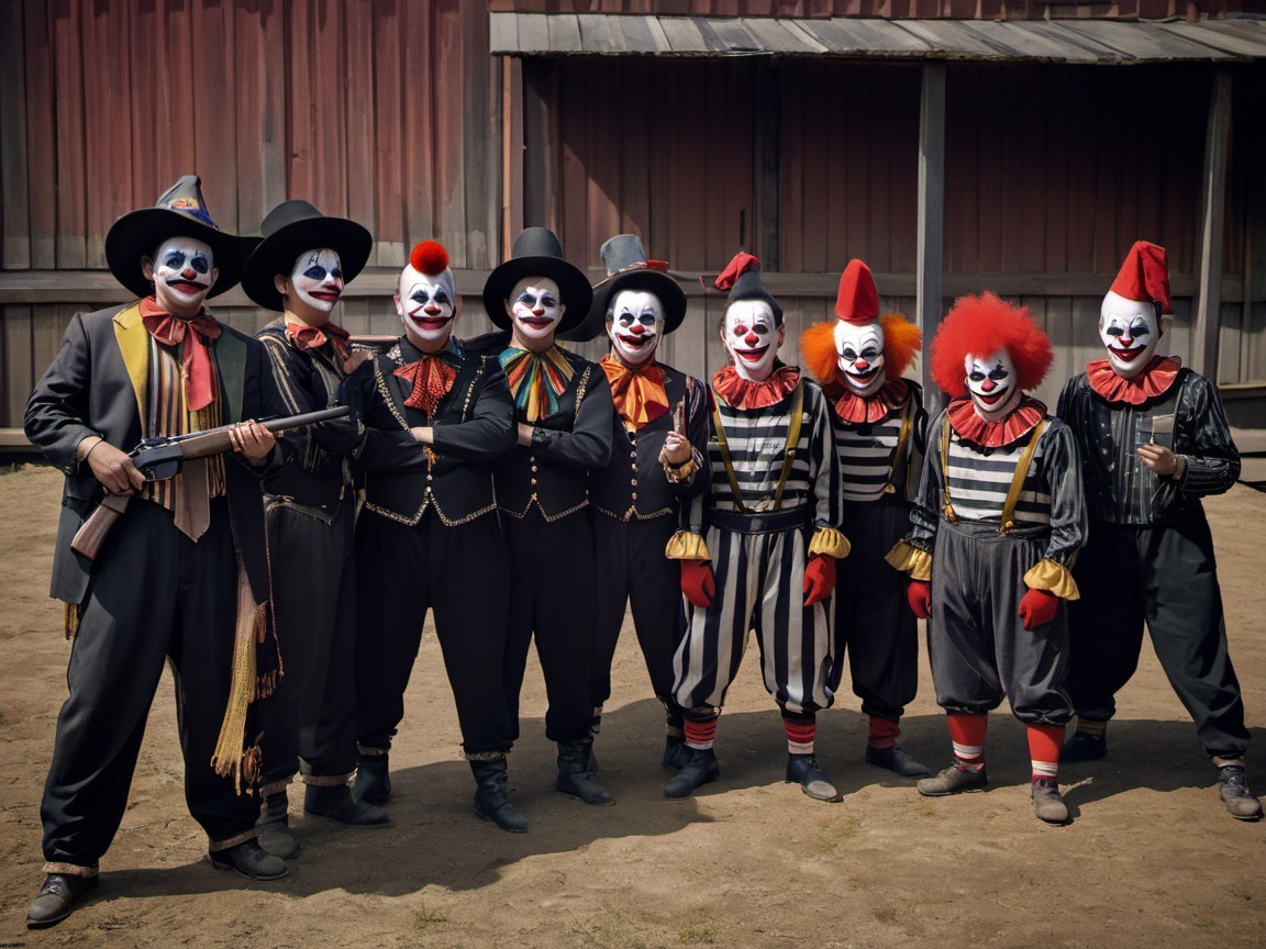 Group Portrait of Nine Creepy Clowns Outdoors