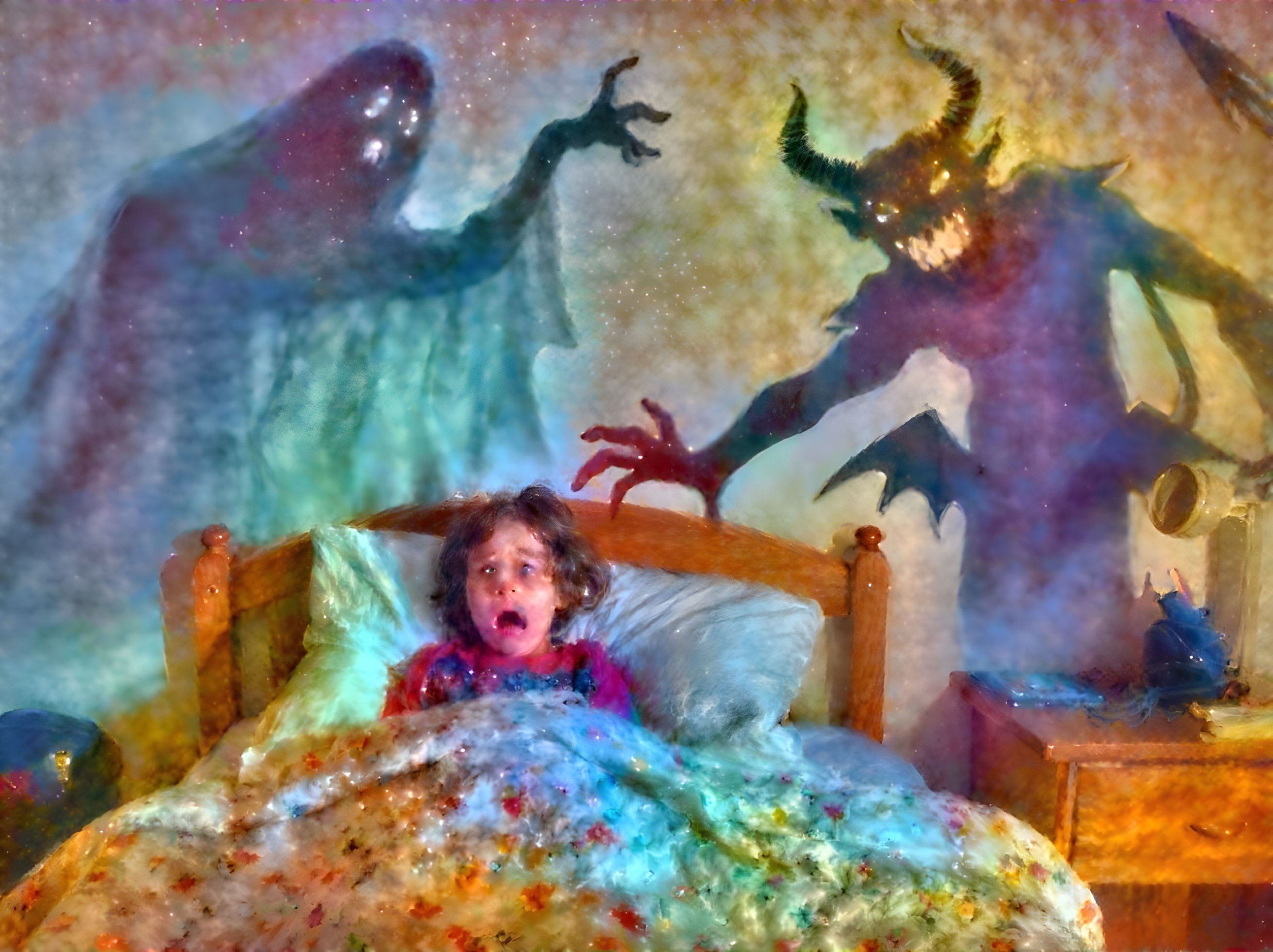 Girl on Bed with Spooky Ghosts Looming Over Her