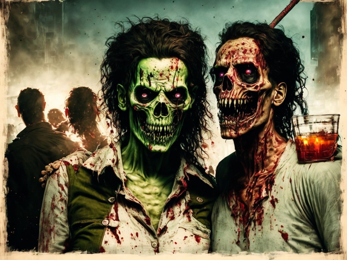 Zombie Figures in Smoky Crowded Environment