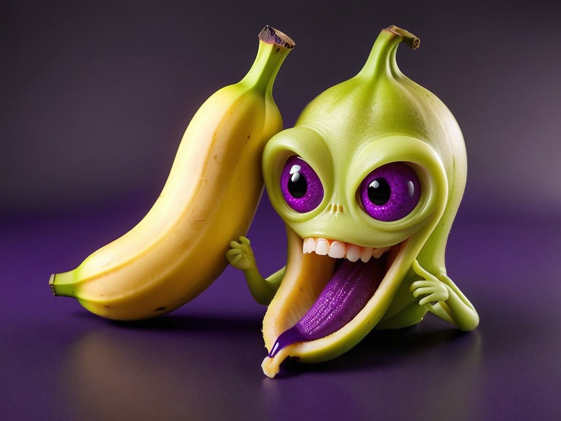 Whimsical Character Beside Ripe Banana on Purple Background