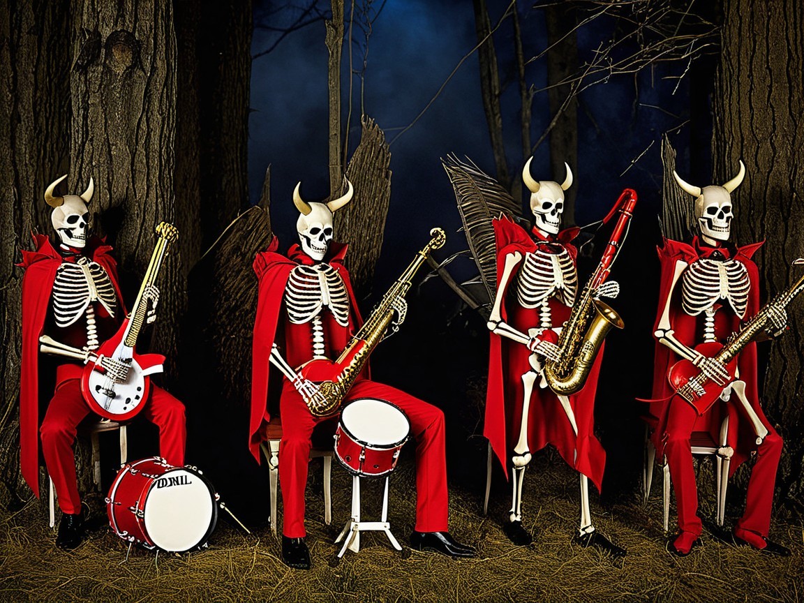 Skeletons in Red Capes Playing Instruments in Forest