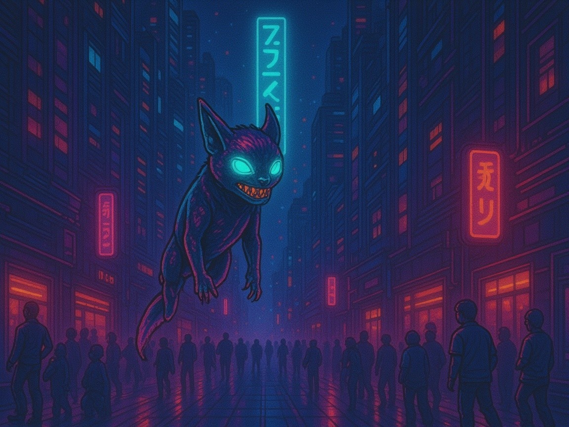 Neon Cityscape with Glowing Creature and Shadows