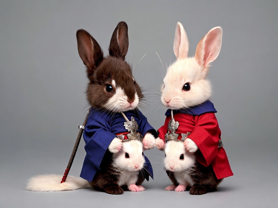 Cute Baby Bunnies in Colorful Kimonos on Gray Background