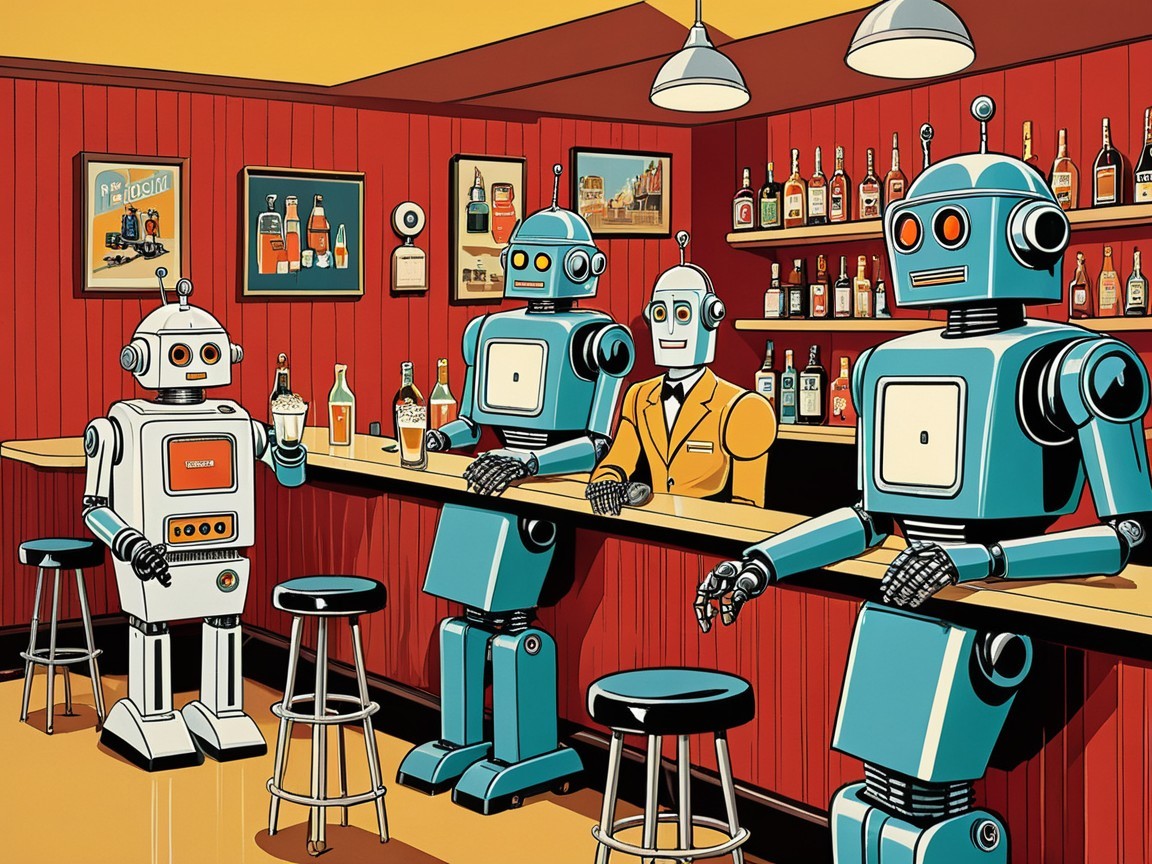 Retro Bar Scene with Four Unique Robots