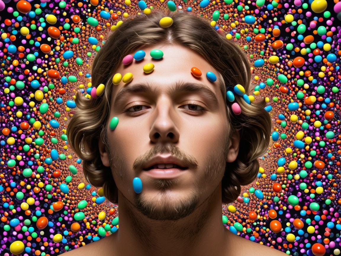 Young man with wavy hair in colorful psychedelic setting