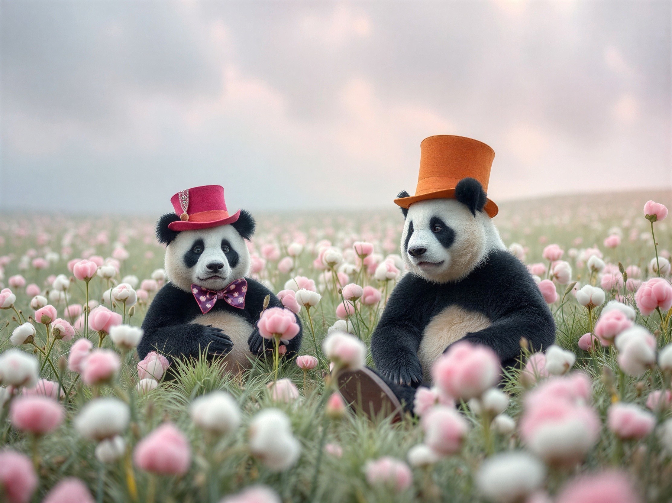 Giant Pandas in Flower Field Under Purple Sky