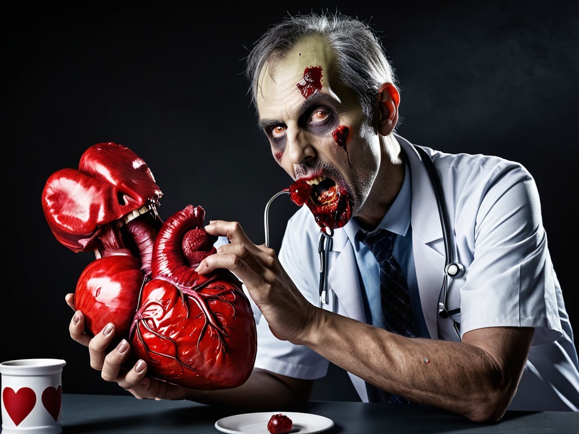 Zombie Doctor Holding Heart in Dark Background