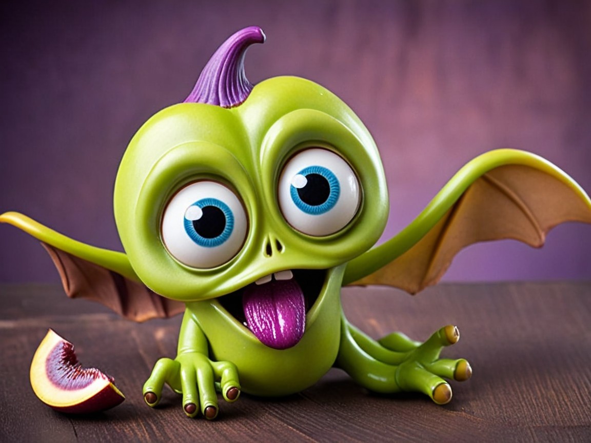 Playful Cartoonish Green Dragon with Purple Fruit