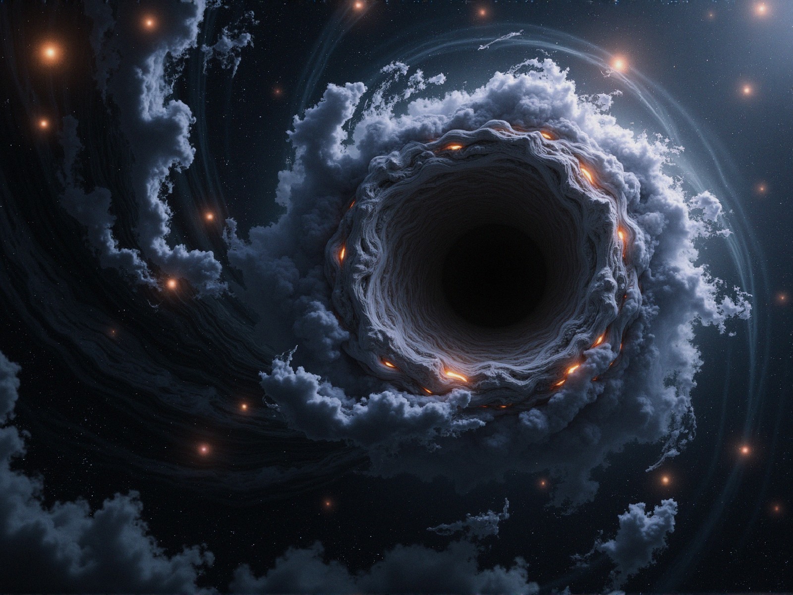 Black hole with dark clouds and flickering orange lights