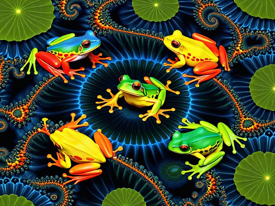 Surreal Scene of Colorful Frogs on Lily Pads