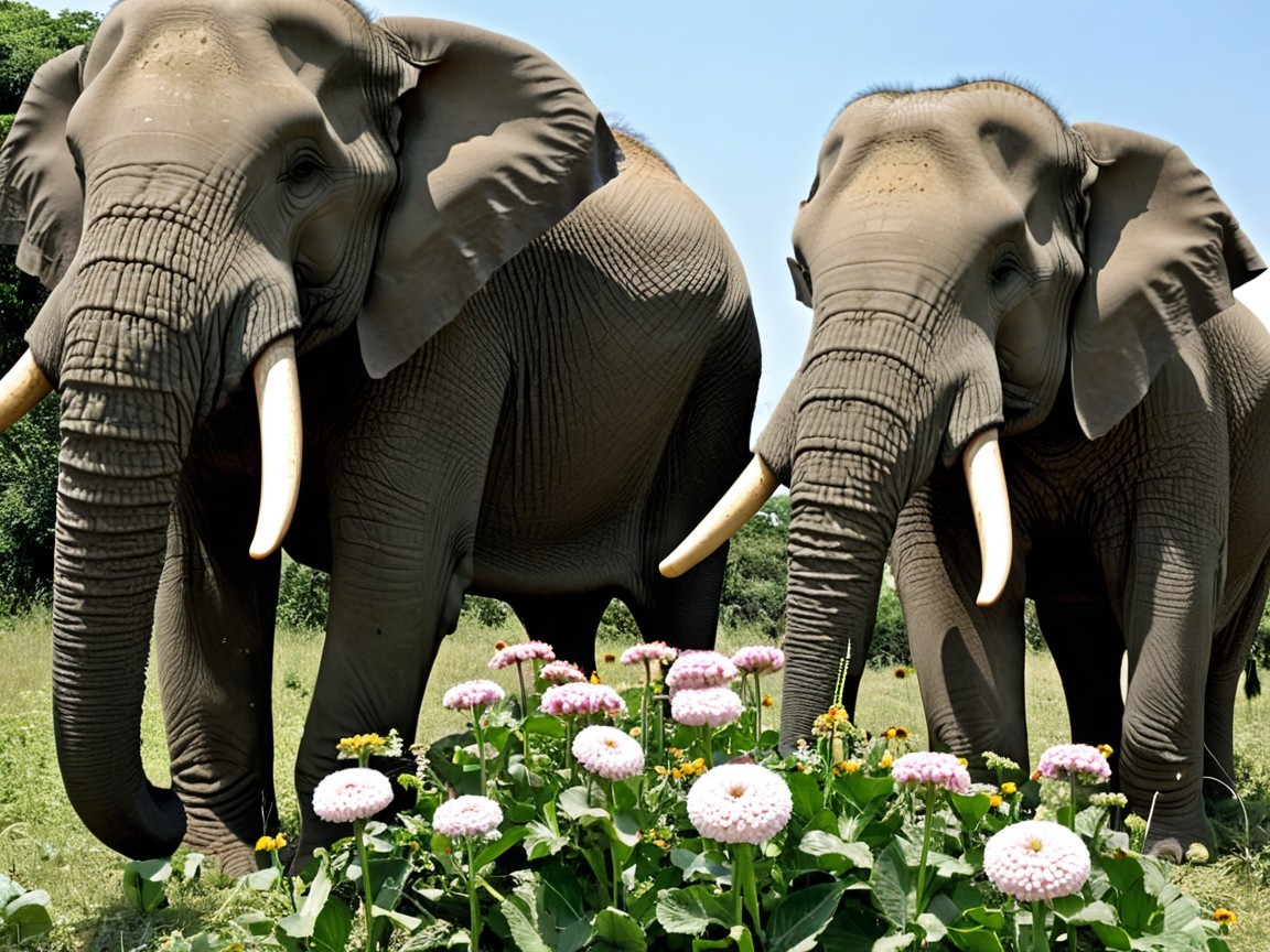 Elephants in a Lush Green Landscape with Flowers