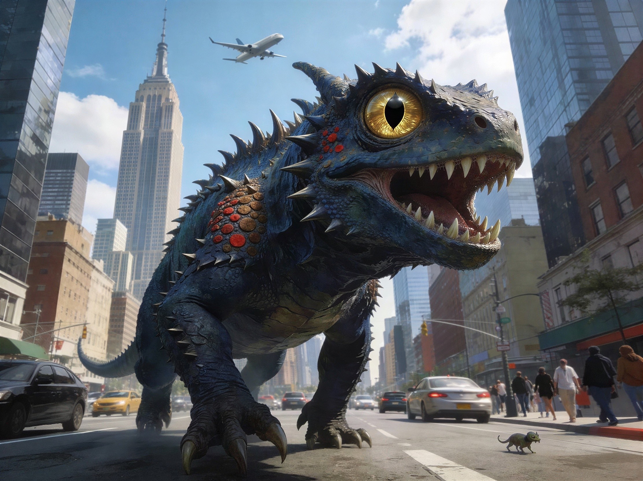 Dark Blue Dragon Creature in City Street Scene