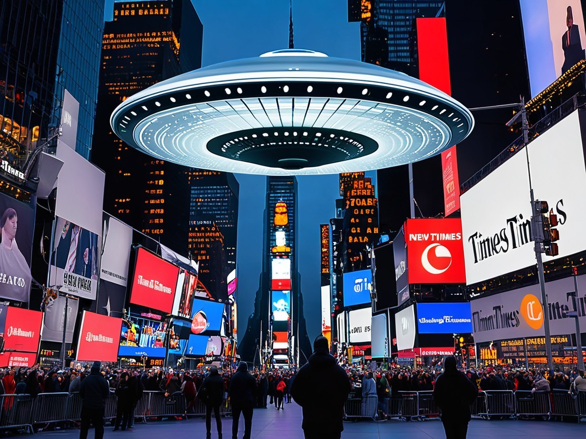 Futuristic Times Square Scene with UFO at Dusk