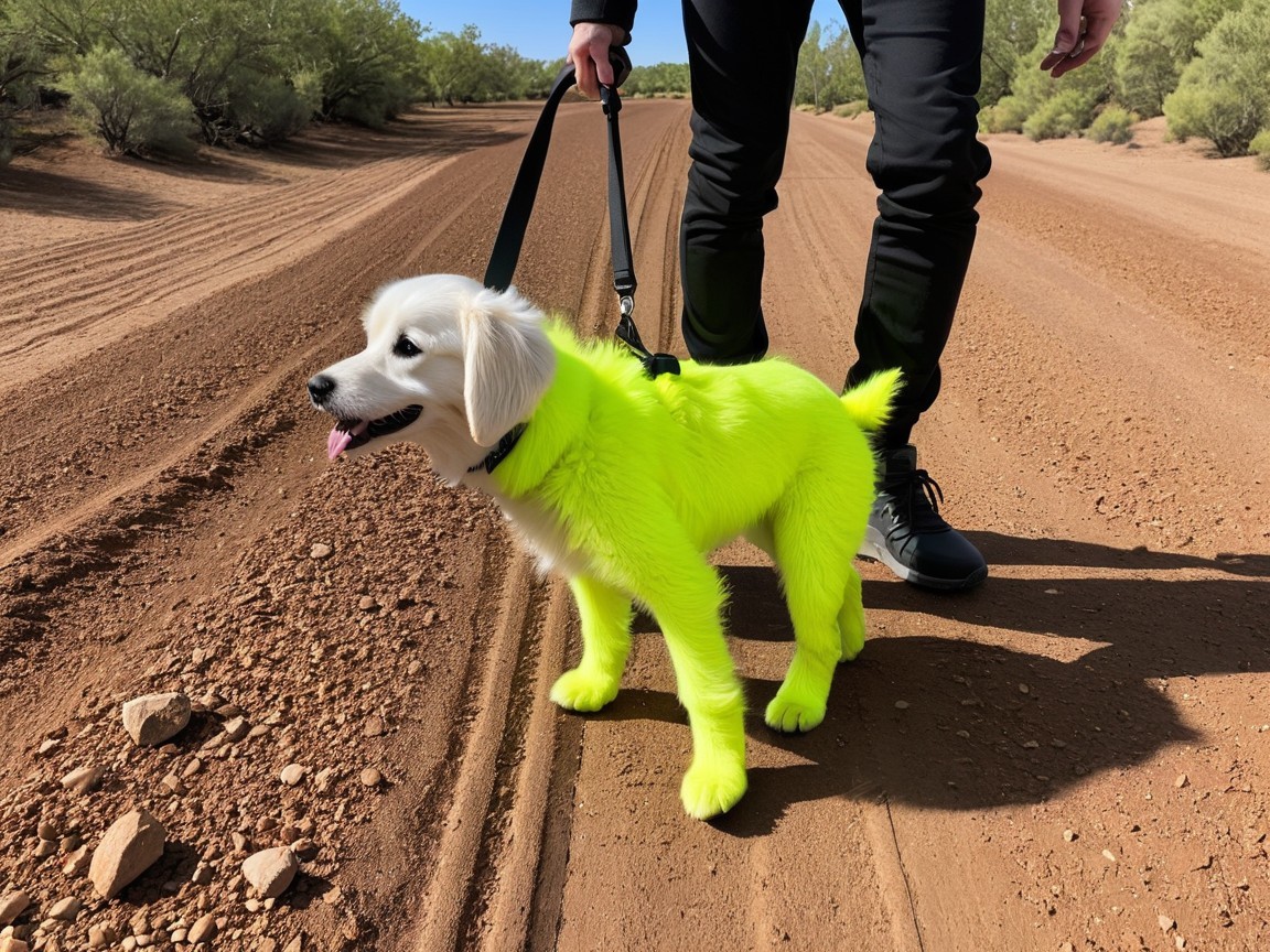 Vibrant Yellow Dog on Dirt Path in Natural Landscape