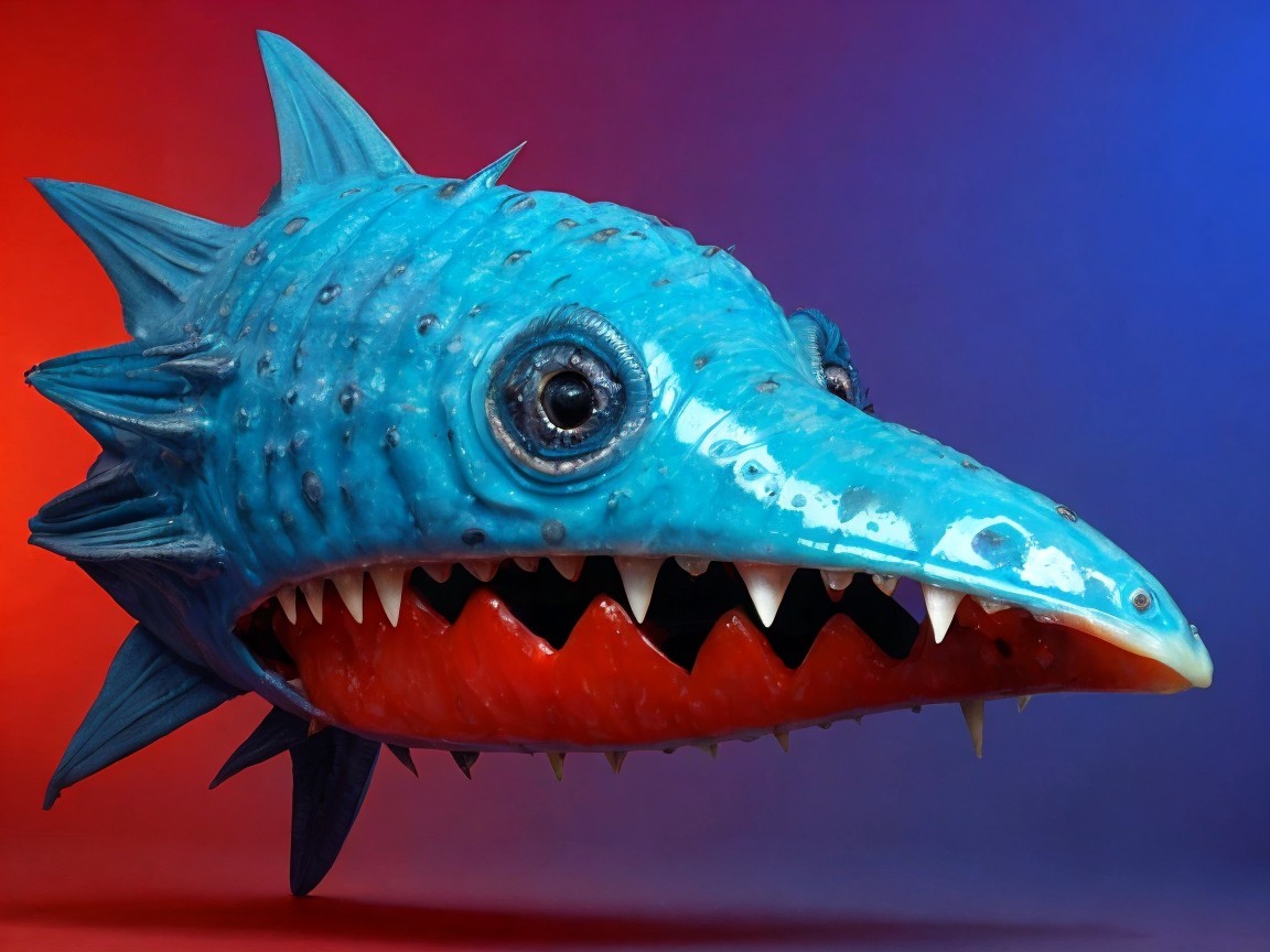 Teal-Blue Deep-Sea Fish Puppet with Dynamic Background