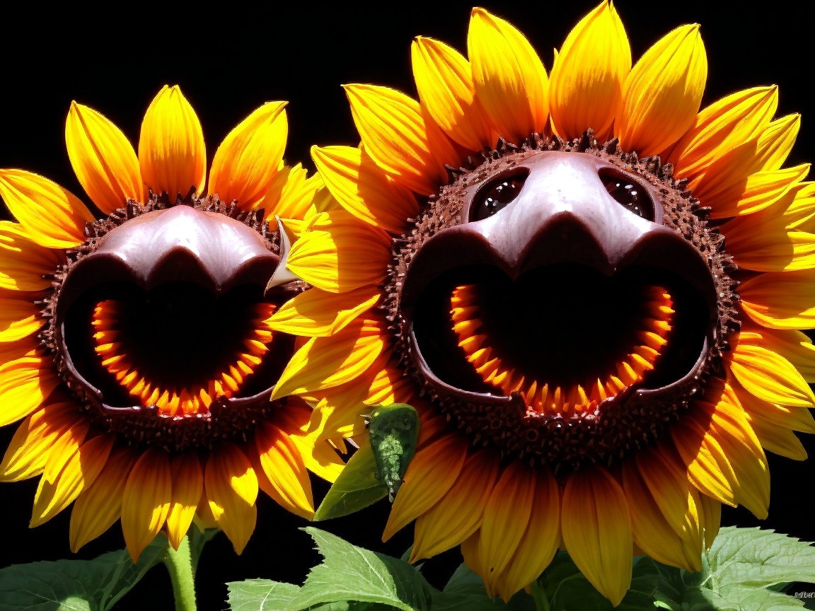Vibrant Sunflowers with Playful Designs on Dark Background