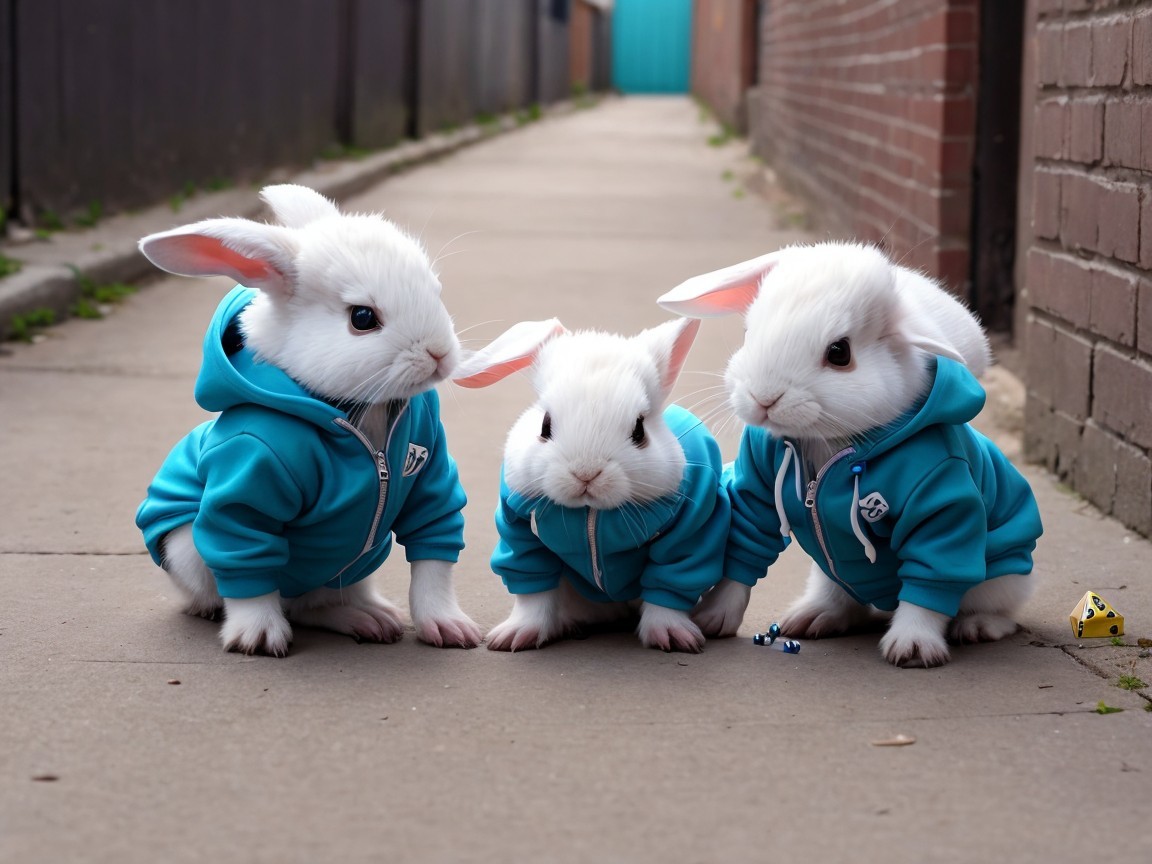 Three white bunnies in teal hoodies on a sidewalk