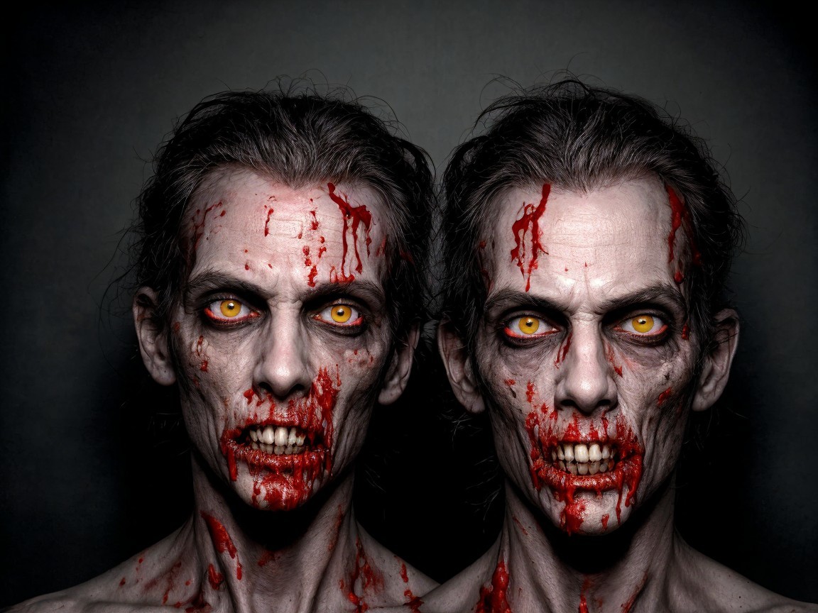 Zombie Faces with Decaying Skin and Blood Splatter