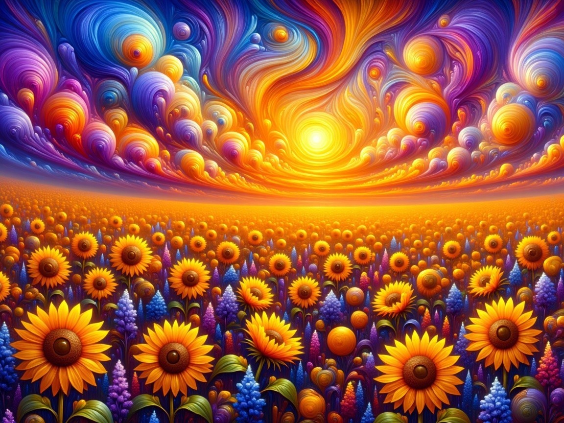 Vibrant Sunflower Landscape Under Colorful Sunset