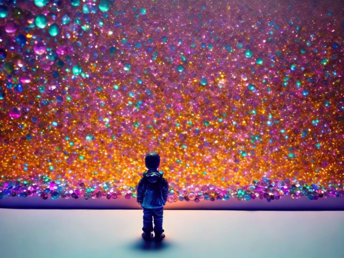 Child Observing Colorful Glitter Wall Background