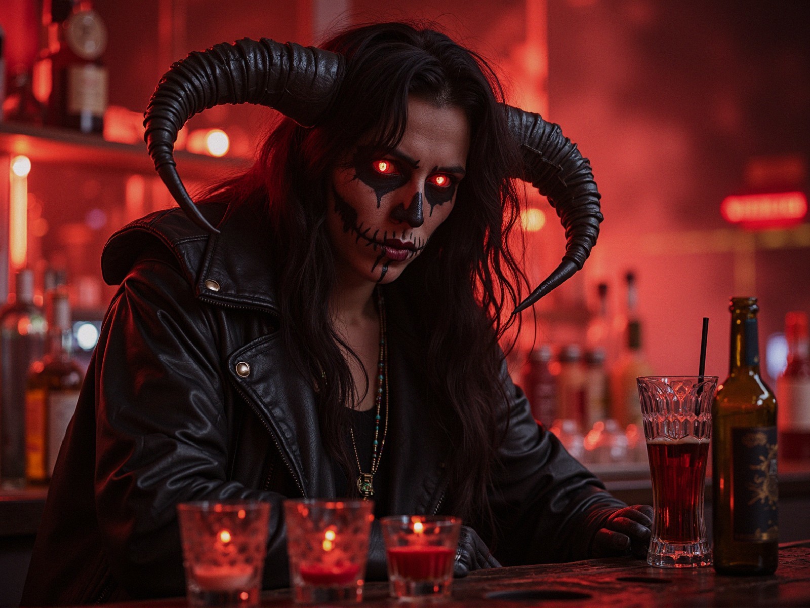 Demonic Figure at a Dimly Lit Bar with Drinks