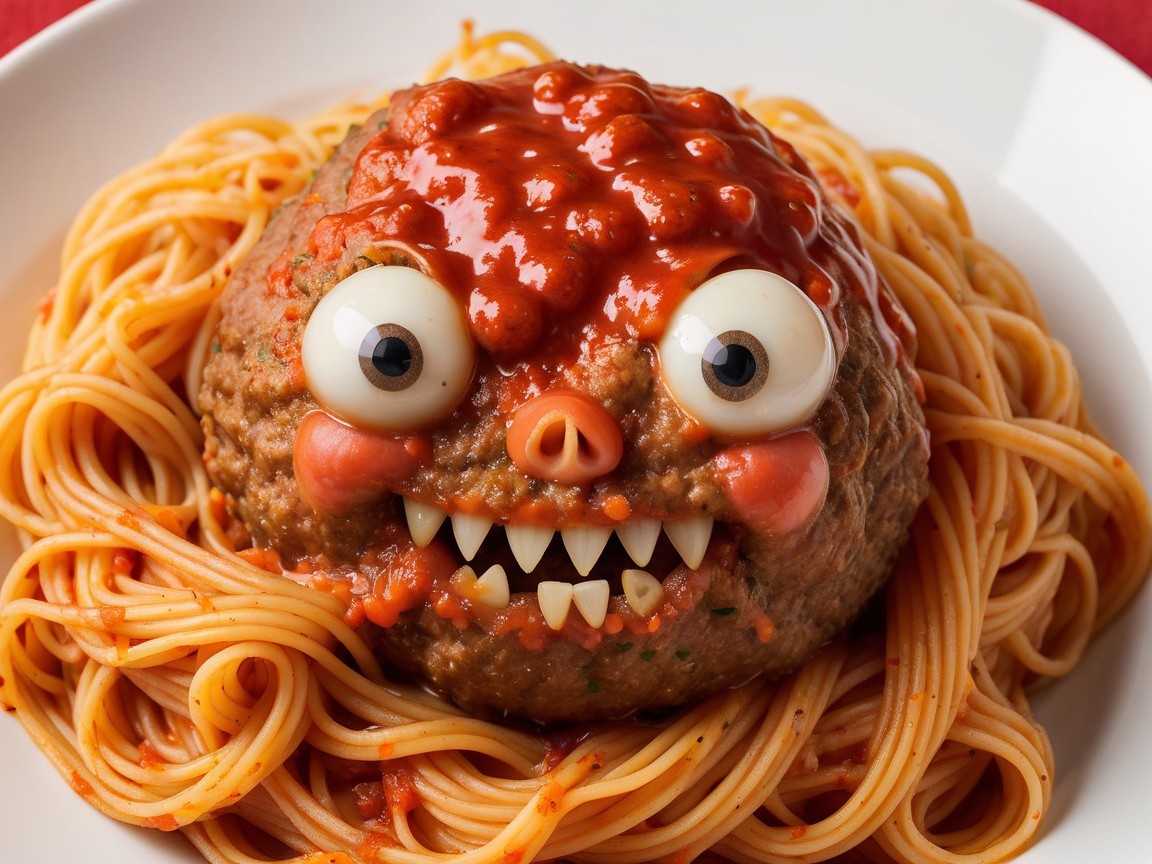 Quirky Meatball Dish with Cartoonish Features and Spaghetti