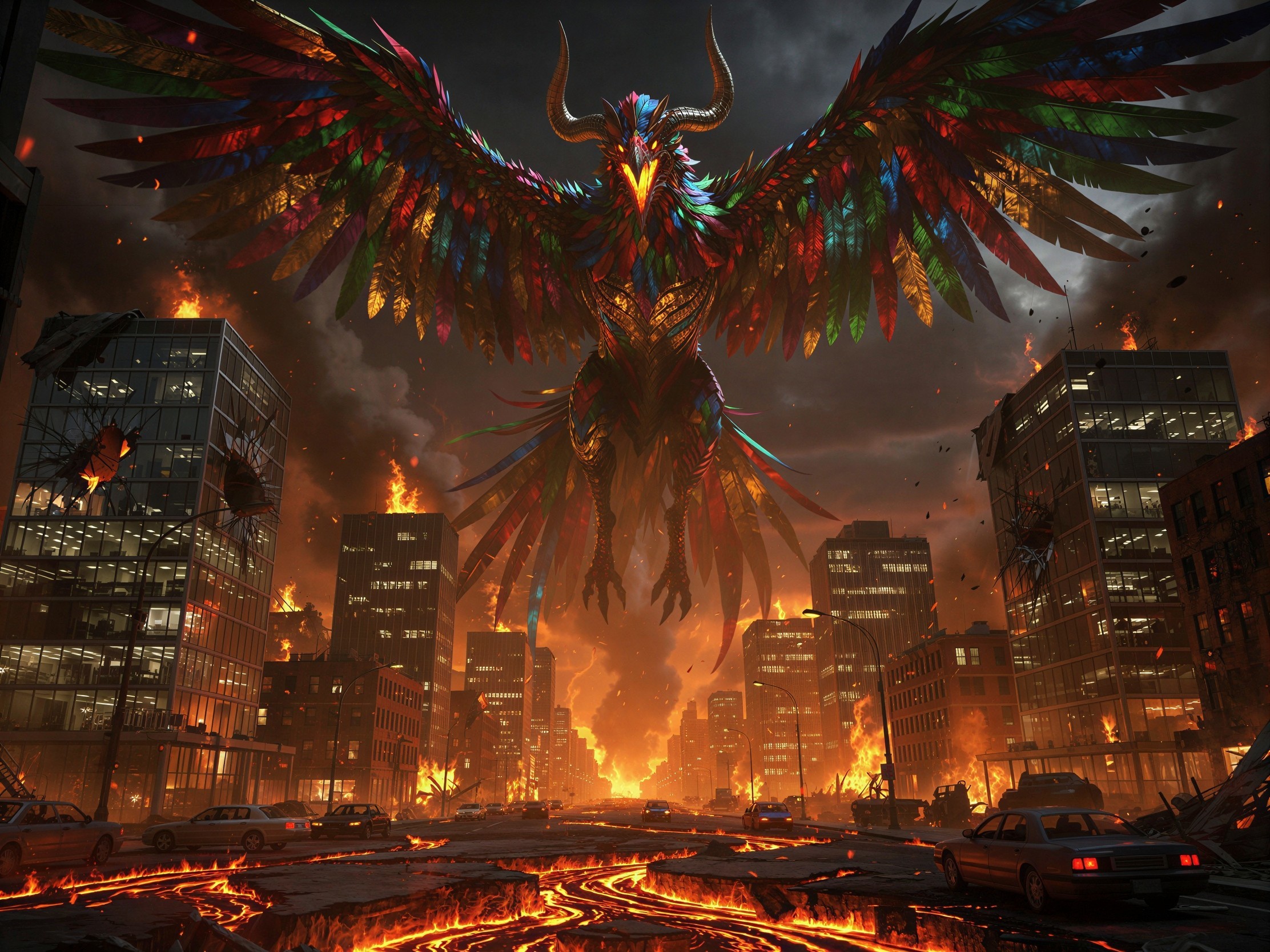 Multicolored Bird Creature Over City in Flames and Lava