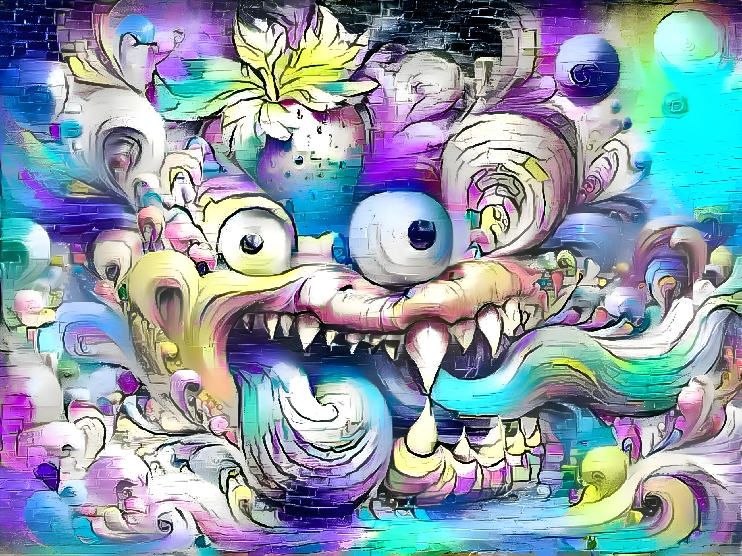 Surreal Mural of Whimsical Creature with Bright Colors