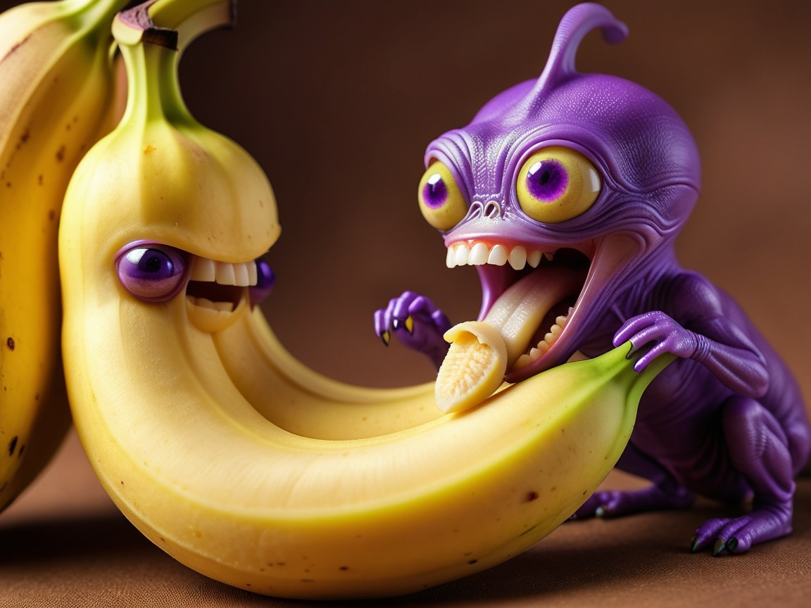 Whimsical Scene of Purple Creature and Joyful Banana
