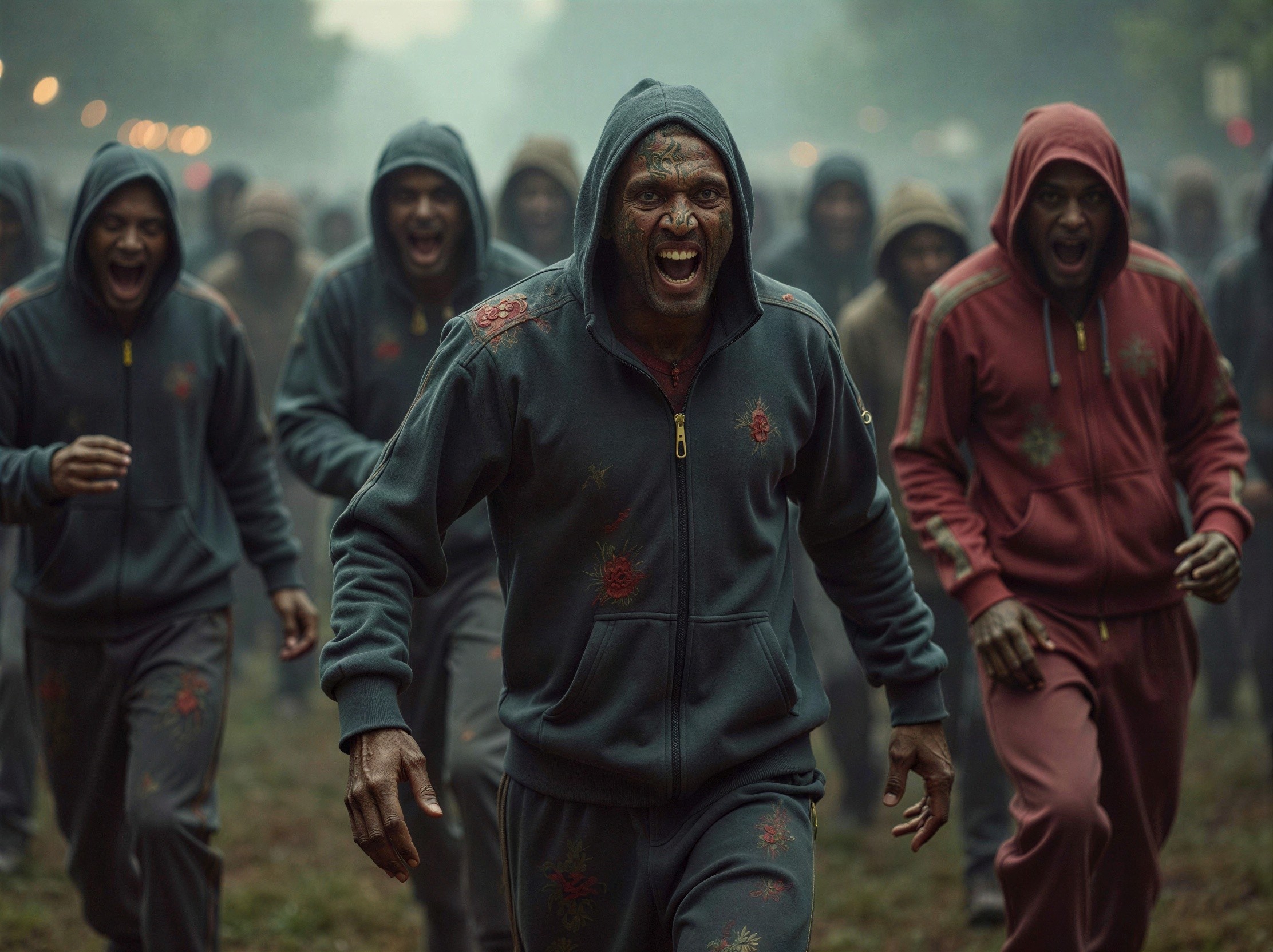 Group of Individuals in Matching Sweat Suits with Intensity