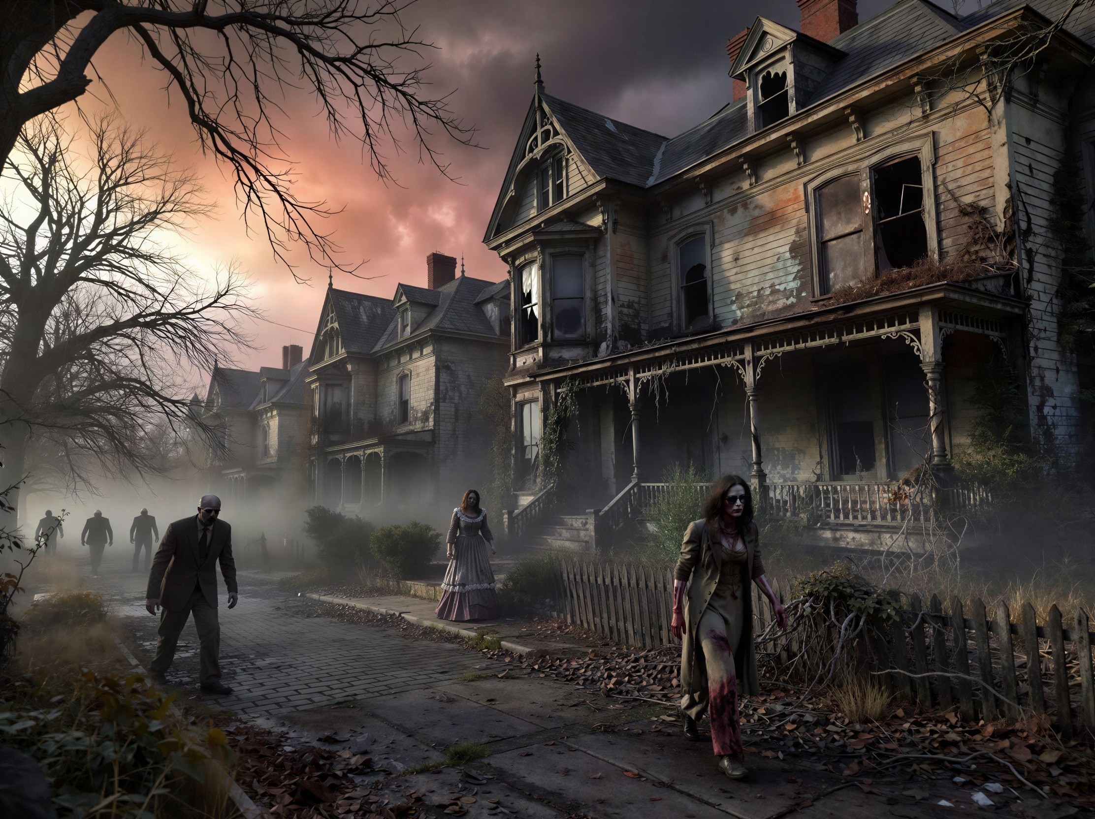 Apocalyptic Street Scene with Zombies and Victorian Homes