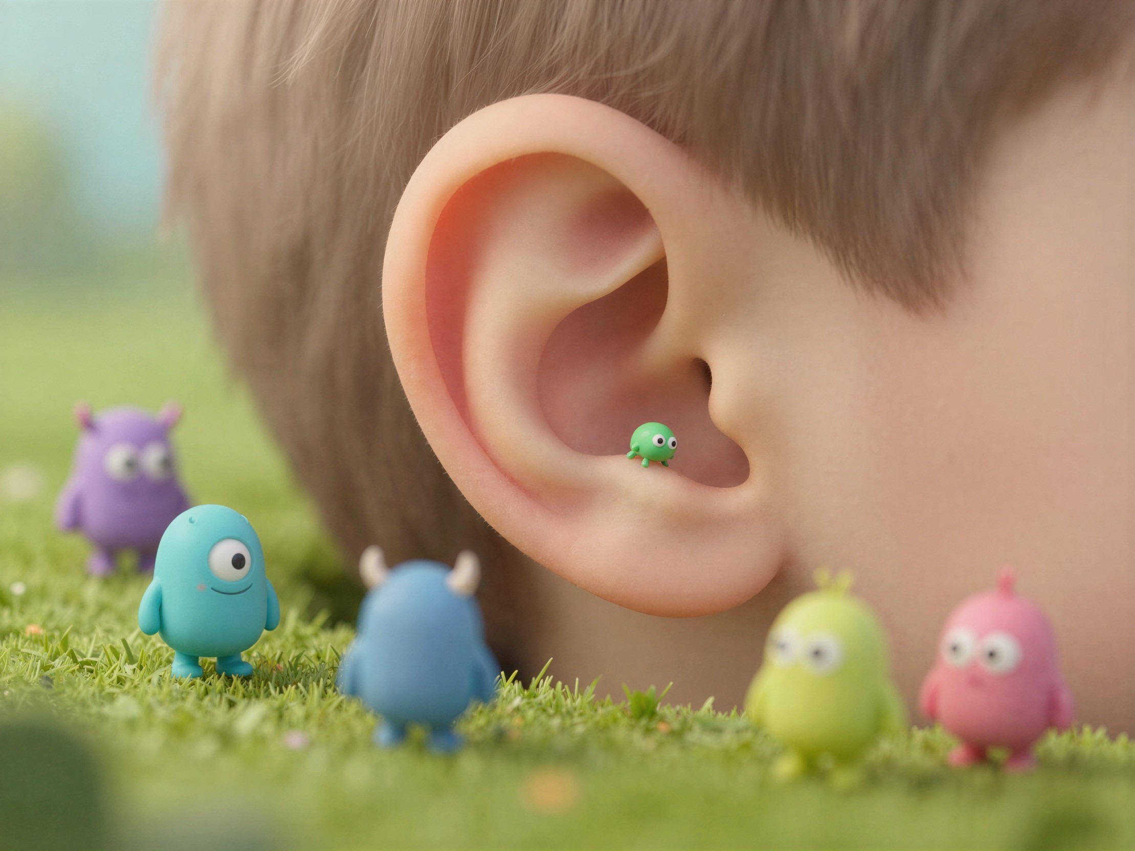 3D Cartoon Image of Ear with Green Monster Detail
