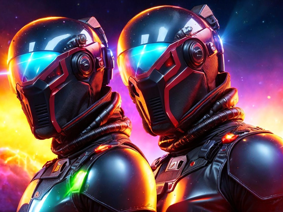 Cyborgs in Armored Suits Against Neon Galactic Background