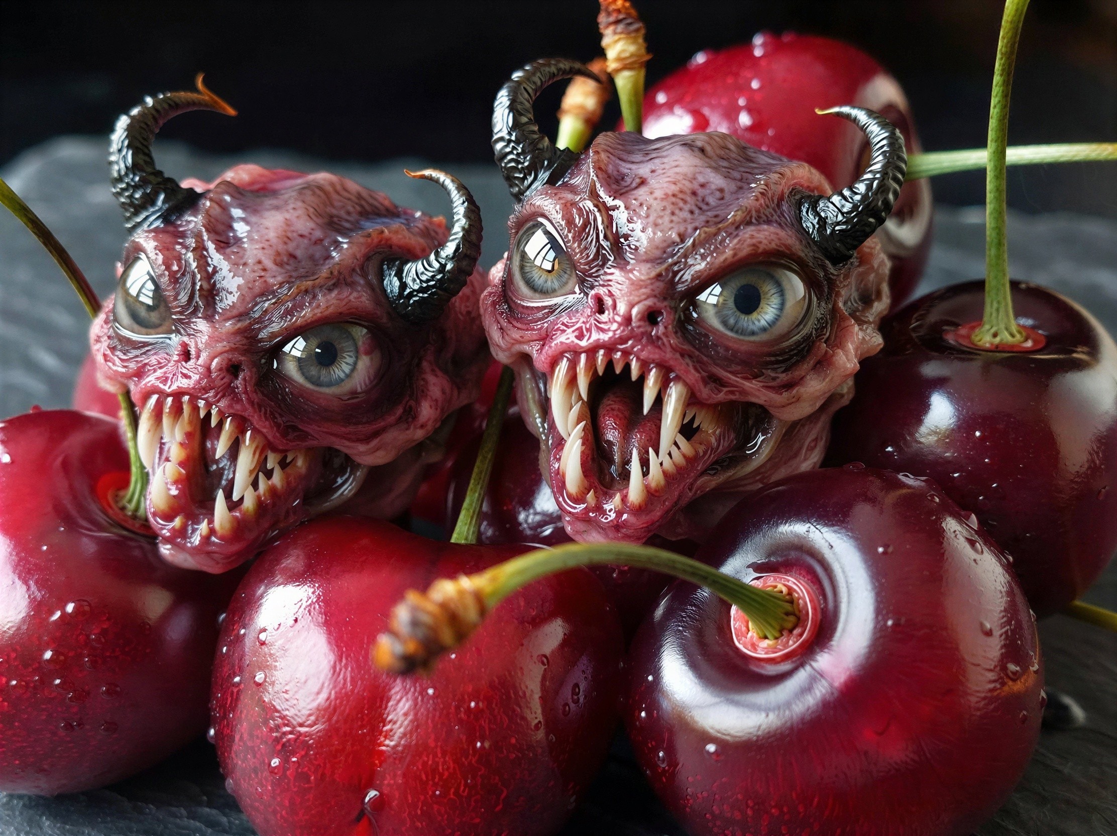 Close-up of hyperrealistic demonic creatures with cherries