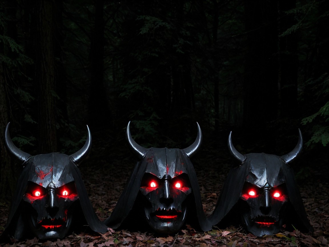 Black Demon Masks in Dark Forest Setting