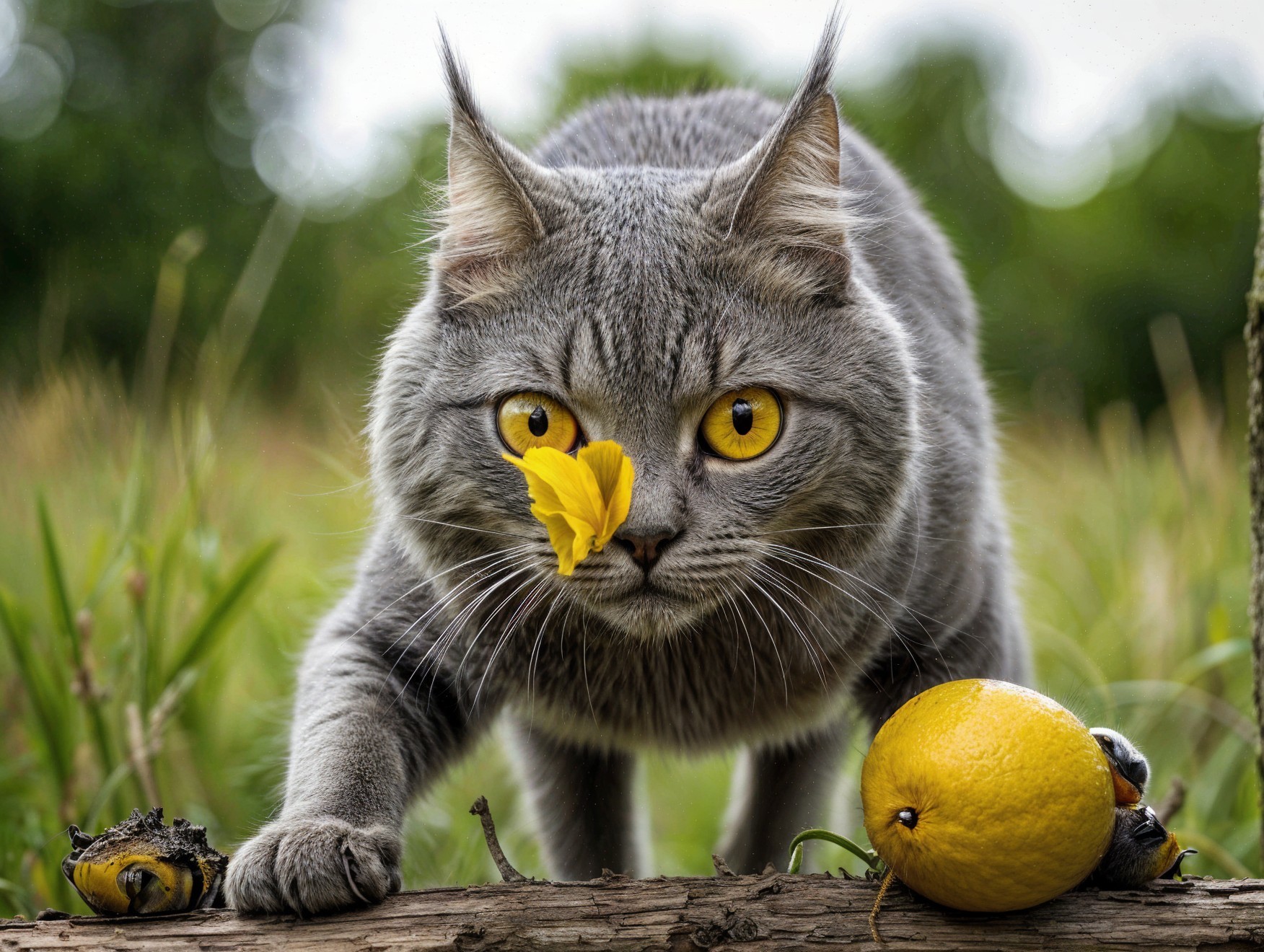 Gray Tabby Cat with Yellow Eyes on Wooden Log