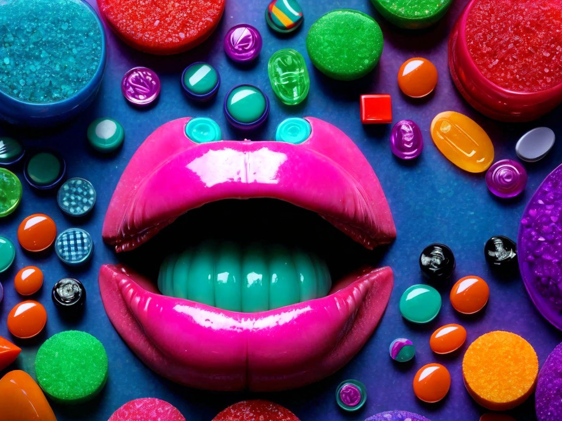 Close-up of Glossy Pink Lips with Colorful Candies