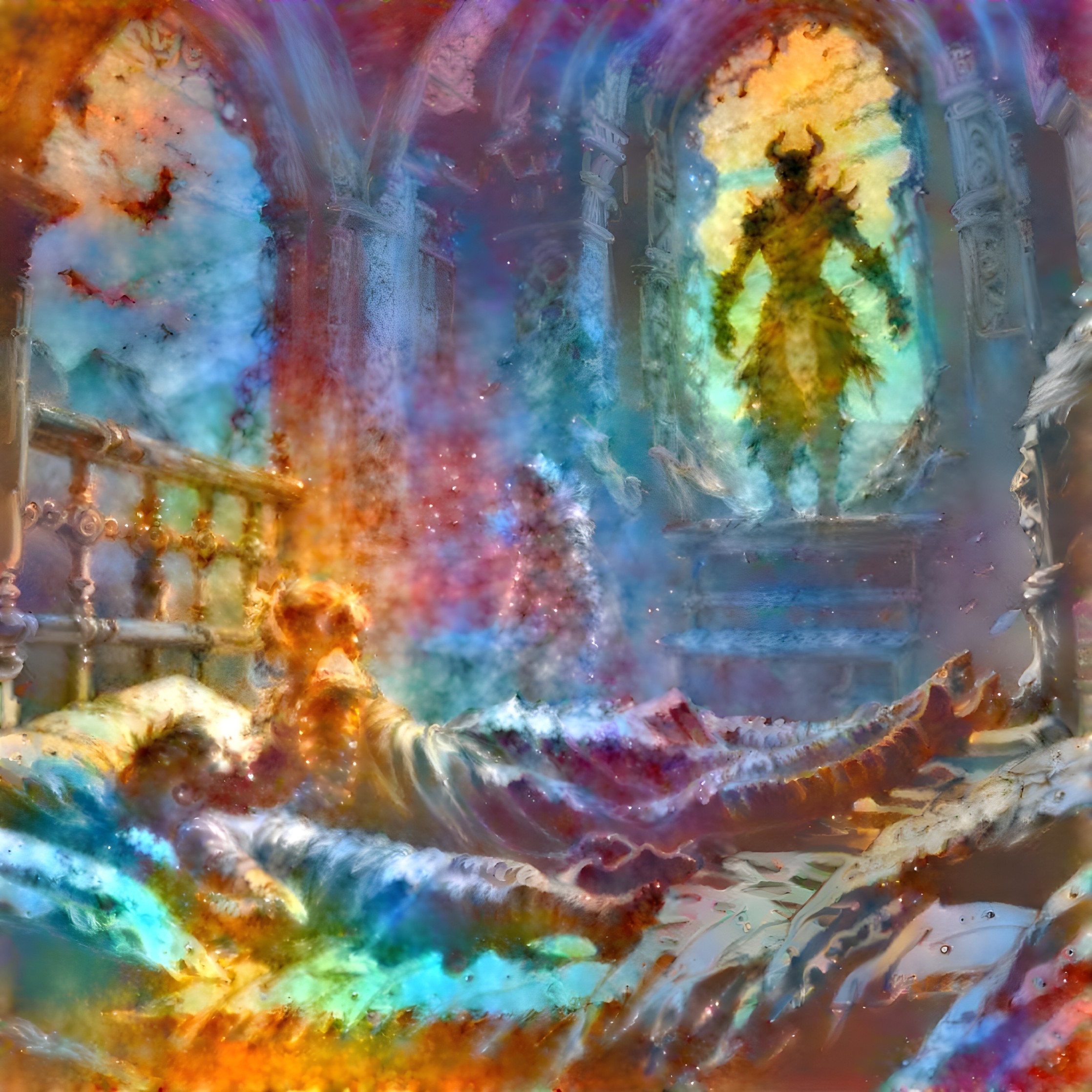 A painting of a child sleeping in a dreamscape