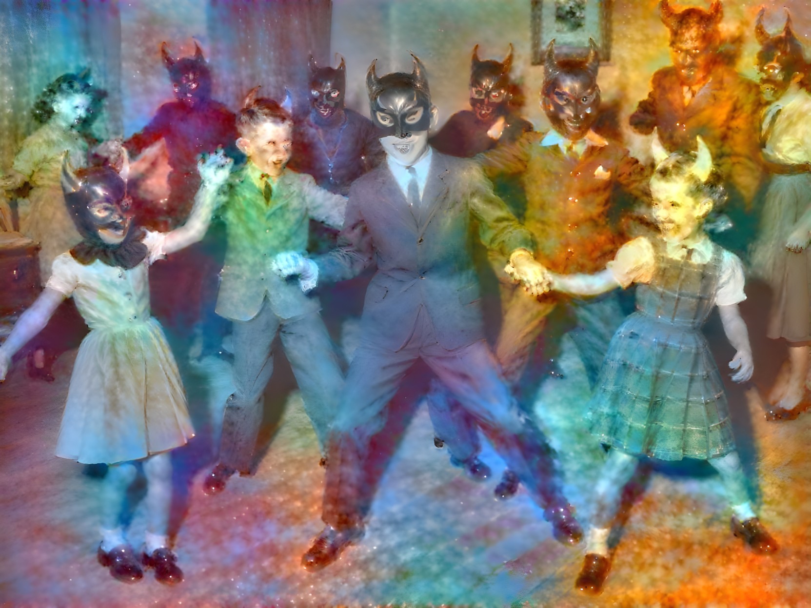 Vintage Costumed Group with Devilish Masks in Colorful Haze