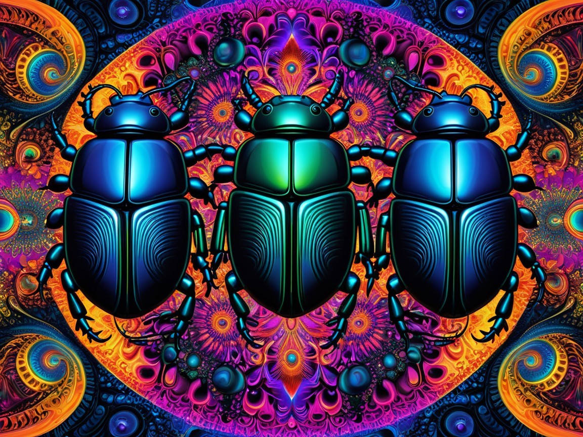 Stylized Beetles in Vibrant Psychedelic Background