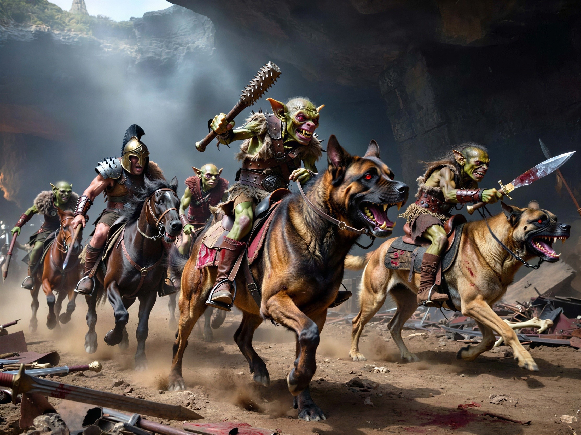 Goblins and Human Warrior in Battle Scene Painting